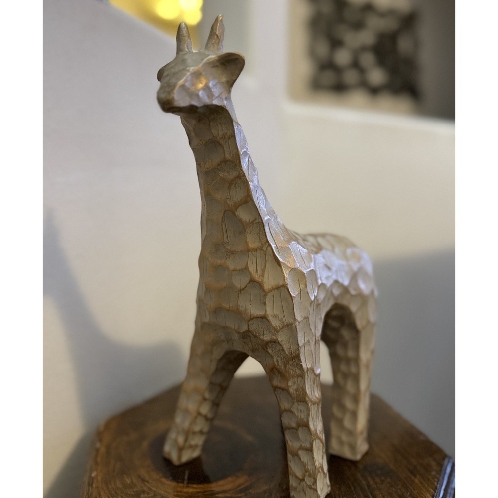 Handcrafted Wooden Giraffe Statue‎ Rustic Decor, Taupe & Gold, 12"tall 9"wide
